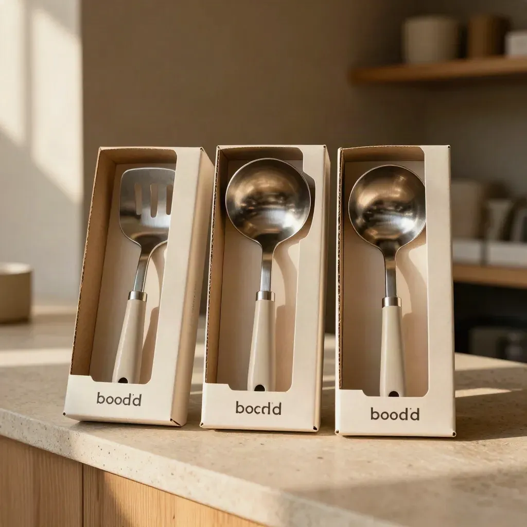 Tre set di utensili cucina in cartoni puliti su banco di pietra, luce calda e polvere nell’aria