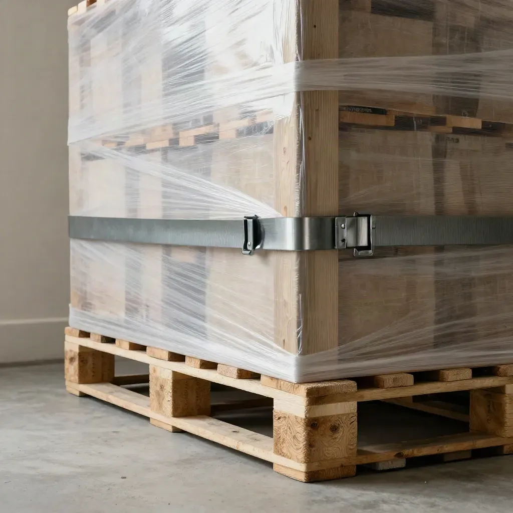 Cassa da spedizione finale con nastro, pallet e fascetta in un magazzino minimale